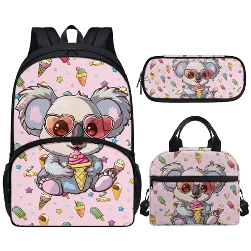 Pointodoor Ice Cream Koala Kids Backpack and Lunch Box Set Girls 9-10 with Pencil Case Cute Bookbag Casual Lightweight Elementary Kindergarten Preschool School Bag Students Satchel Daypack Rucksack