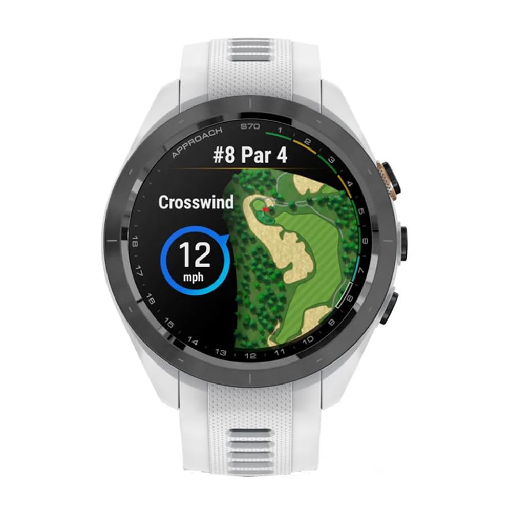 Garmin 010-02746-00 Approach S70 42 mm Premium GPS-Golf-Uhr, weißes Band, offizielles USA-Partnermodell, Paket mit Deco Essentials 2er-Pack Displayschutzfolie, 7-in-1 Golfwerkzeug,