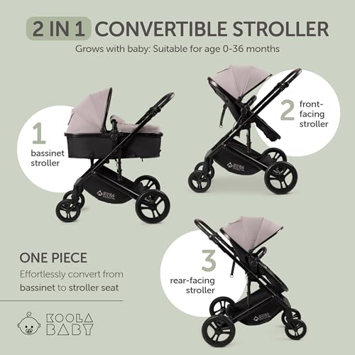 Image of KOOLABABY 2-in-1 Foldable Baby Stroller - Newborn to Toddler Stroller with Extendable Canopy, 5-Point Harness & Large Storage Basket - One Hand Fold