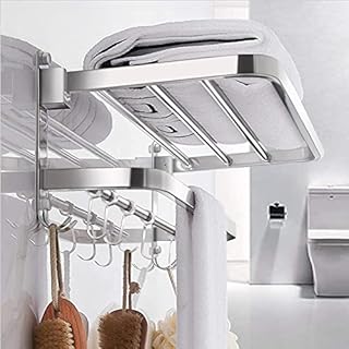 DDS-DUDES Bathroom Towel rack, Wall Mounted Stainless Steel Self Adhesive Towel Rail with Double Towel Shelf, Towel Shower Holder Organizer with 5 Hooks for Home Hotel Lavatory (24 Inch)