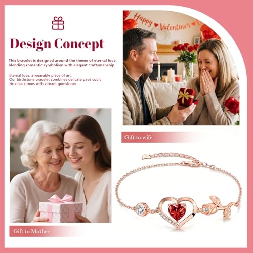 Image of 1CT Rose Heart Bracelet Moissanite Lab-Grown Sapphire Ruby Emerald&More 18K White Rose Gold Plated Anniversary Birthday Gift for Wife Girlfriend Mom Daughter Mothers Day Gift for Mom