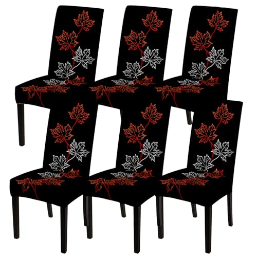 Image of Nuxovilar 6PCS Maple Leaf Black Background Stretch Chair Covers | Stretch Slipcover Autumn Protector Maple Leaf Wrap Seat Guard Dining Room Theme Kitchen Cafe (Autumn Maple)
