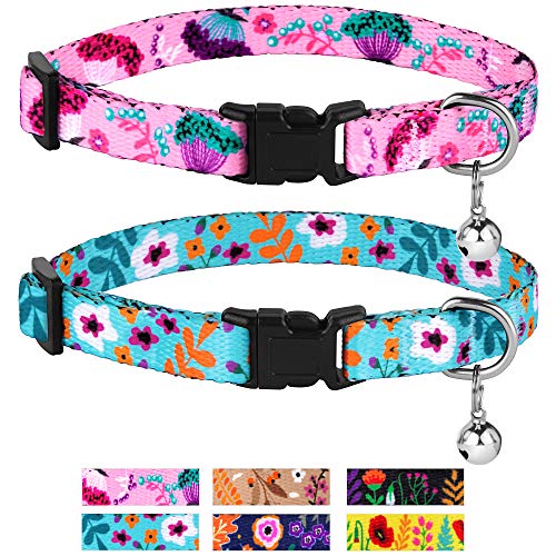 CollarDirect Cat Collar with Bell Floral Pattern 2 Pack Set Flower Adjustable Safety Breakaway Collars for Cats Kitten (Pink + Aquamarine)