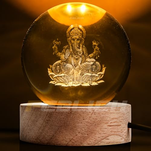 Image of 3D Ganesh Crystal Ball Night Lamp, Solar System Ganesha Crystal Ball Night Light, USB Table Colorful Led Wooden Crystel Ball for Home, Office, Birthday Gift (Ganesh)