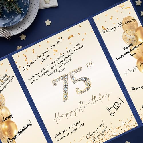 Image of DARUNAXY Blue Gold 75th Birthday Party Decorations, Blue Happy 75th Birthday Alternative Signature Guest Book for Men Women Cheers to 75 Years Old Gifts 75 Birthday Signing Card Board Party Supplies