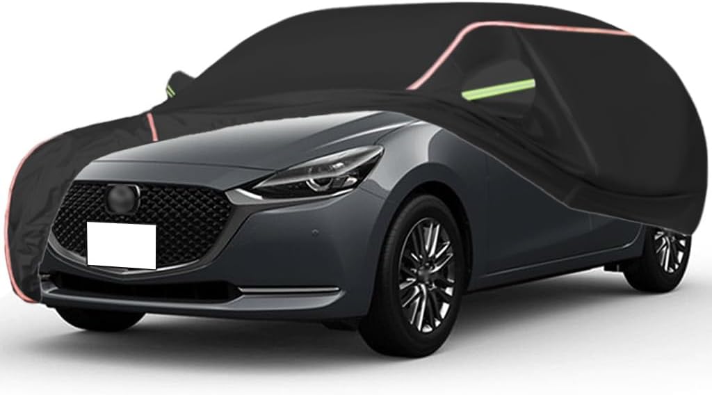 WOLWES Car Covers Are Suitable For Mazda2 Sport/Touring 2011-2014 All-weather Windproof, Snowproof, Rainproof, UV-protected And Breathable All-season Universal With Side Door Zip Oxford Cloth Car Cove