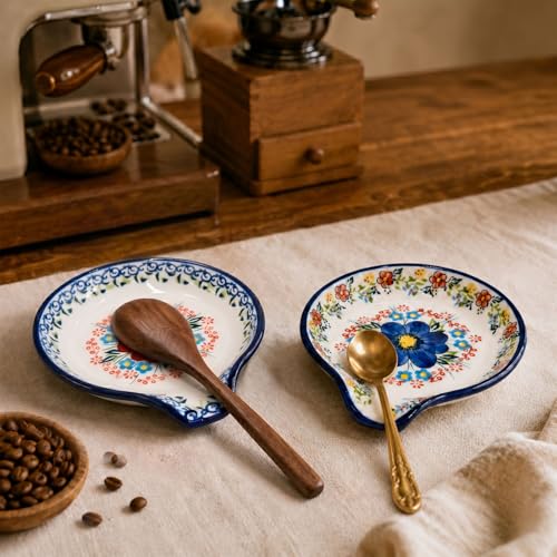 Image of Spoon Rest for Stove Top, 5 inch Hand-Painted Bule Flower Spoon Holder | Stable ceramic won't tip; glaze rinses clean, dishwasher safe. Holds spoons & spatulas, floral farm style, keeps stove tidy.