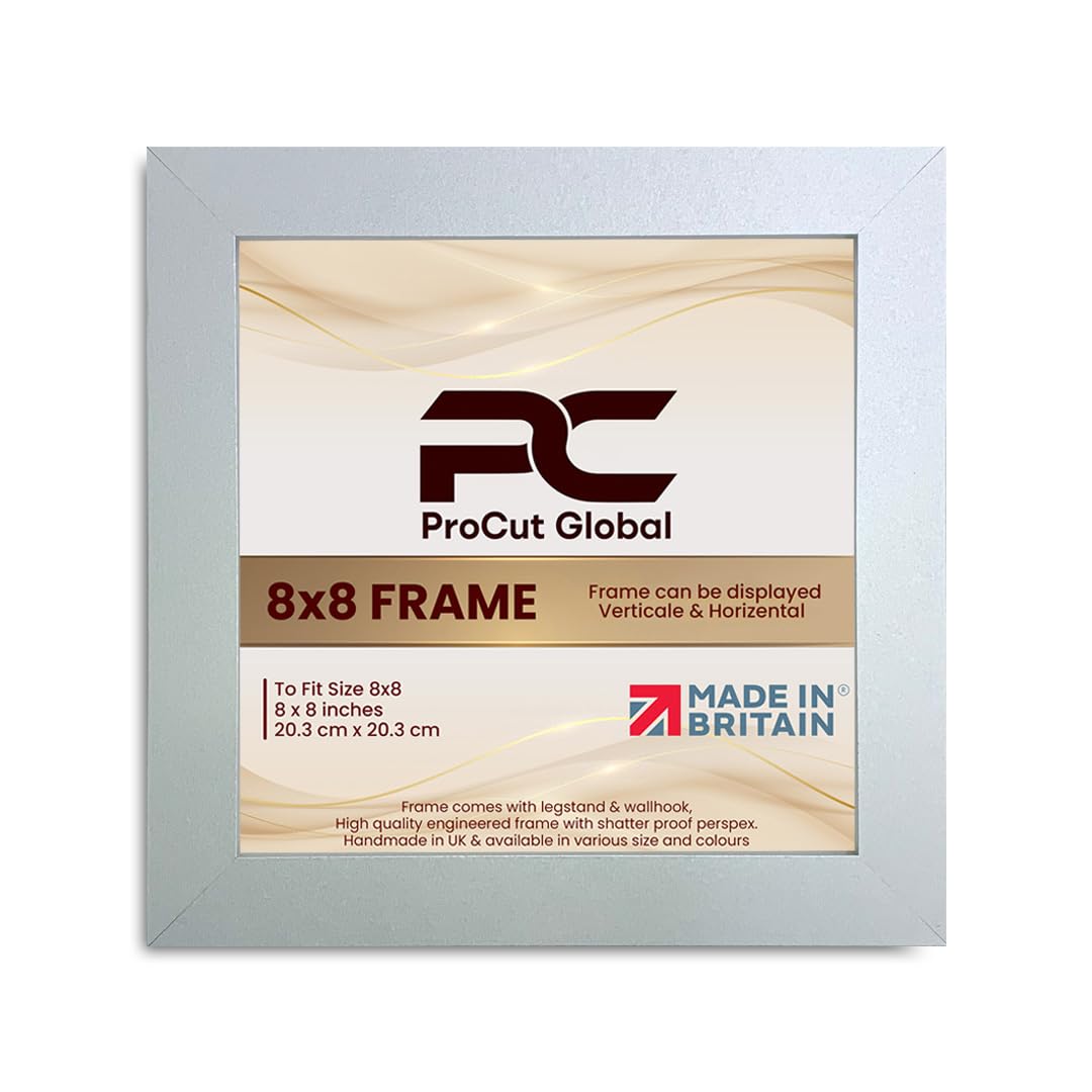 Procut Global 8X8 Silver Picture Frames - Modern Wooden Photo Frame with Shatterproof Perspex for Wall or Tabletop - Perfect for Posters, Certificates, Prints - Sizes & Colors Available