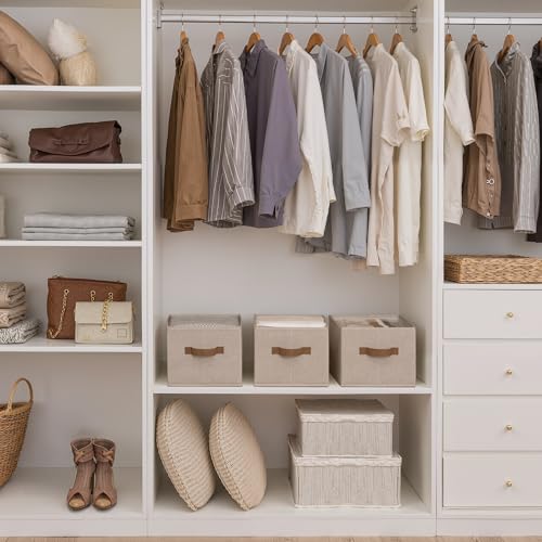 StorageWorks Shelf Baskets for Organization, Linen Closet Organizers and Storage Basket, Foldable Storage Bins, Closet Organizer Bins for Clothes, Brown & Beige, 3-Pack, Large by StorageWorks - Image 2