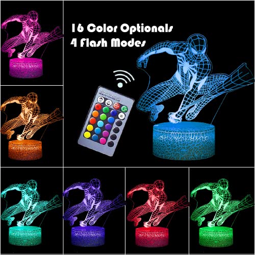 Gifizol Night Light For Kids, Spider Super Hero Man 3D Illusion Lamp 16 Colors Changing Touch & Remote Control Room Decor Aesthetic Bedside Lamp Cool Stuff Gift For Boys Men Girl Women Kids Fans… #TOP1