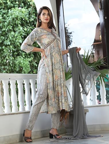 Image of G4Girl Aliya-Cut Kurti Pant With Dupatta For Women's (Grey)