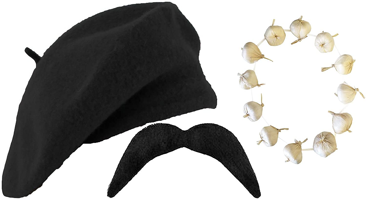 Black Beret, Garlic Garland and Curly Moustache French Set - France Fancy Dress for Bastille Day and French Celebrations