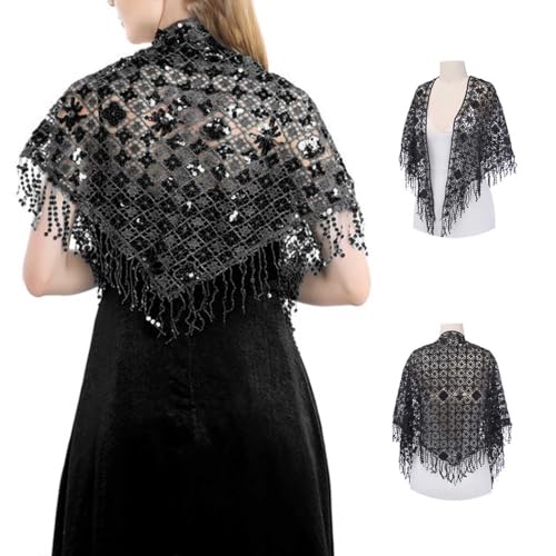 GORAIS Women Sequin Shawls and Wraps Black Fringe Shawl for Evening Dresses