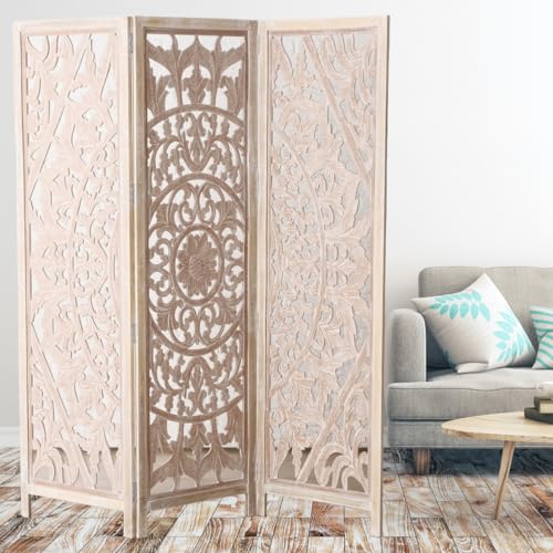 Daisy-Mandala-Room-Divider-Carved-Floral-Motifs-3-Panels-Natural-Mango-White-Wash-Distressed-Finish-Wood-Frame-Approx-6-Feet-Tall-715-Inches Daisy Mandala Room Divider Carved Floral Motifs 3 Panels Natural Mango White Wash Distressed Finish Wood Frame Approx 6 Feet Tall 715 Inches
