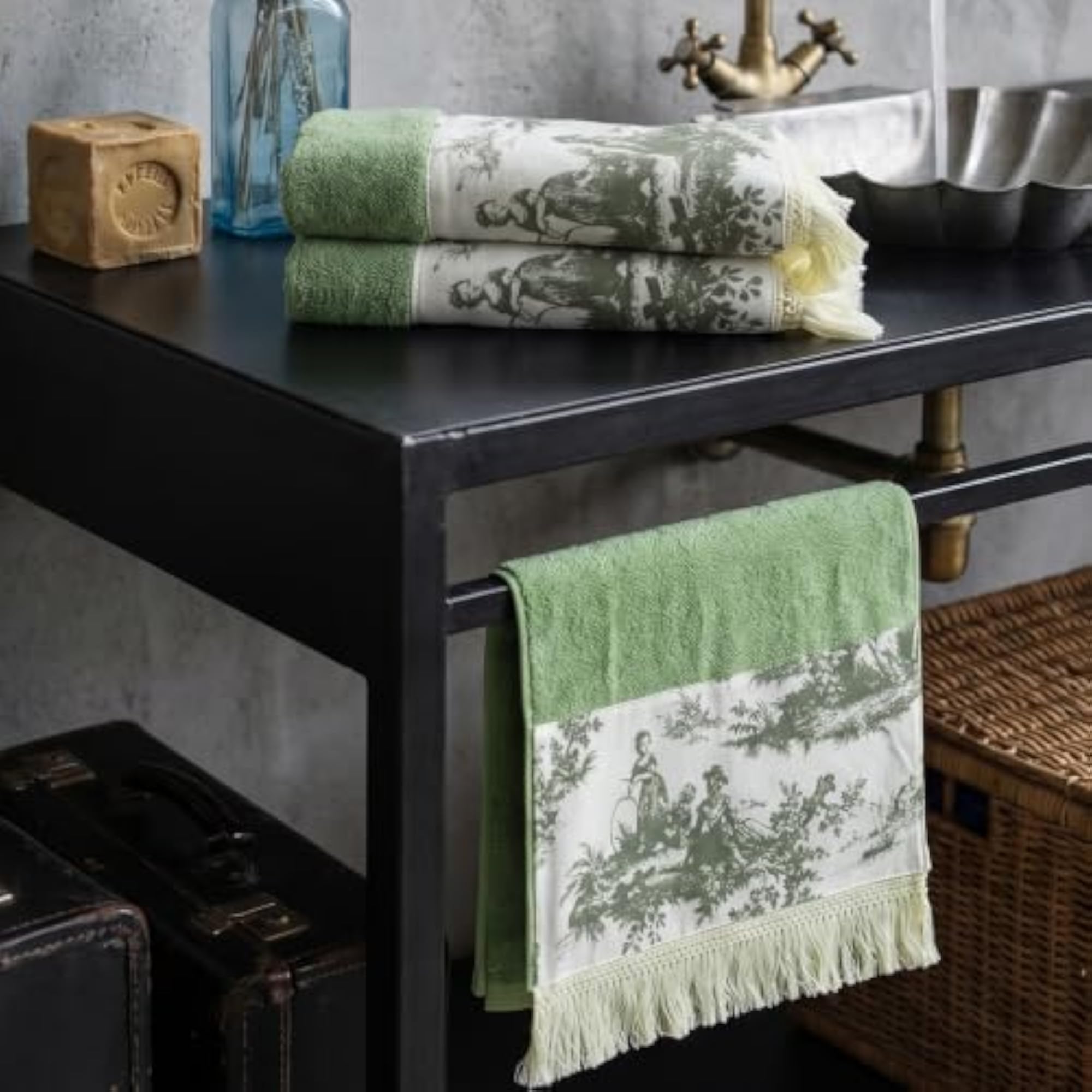 Sage Green Hand Towels with Tassels Set