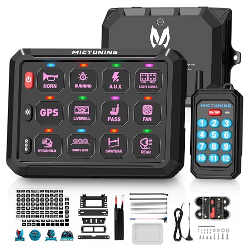 MICTUNING P1Y+ 12 Gang Switch Panel Wireless Remote Control Up to 230FT, Up to 5-Panels Simultaneously, Multifunction Toggle Momentary Flash Strobe Switch Pod with Backlit Off for Car Boat RV Offroad