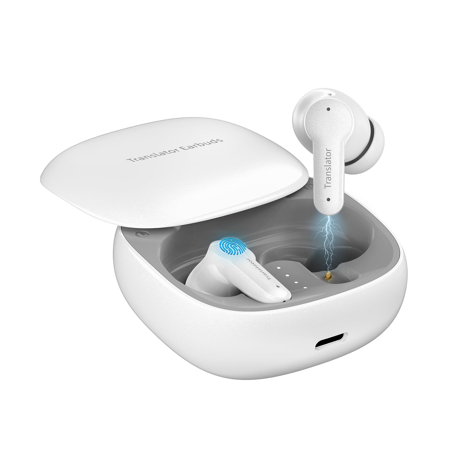 white earbuds with translation modes for multiple languages