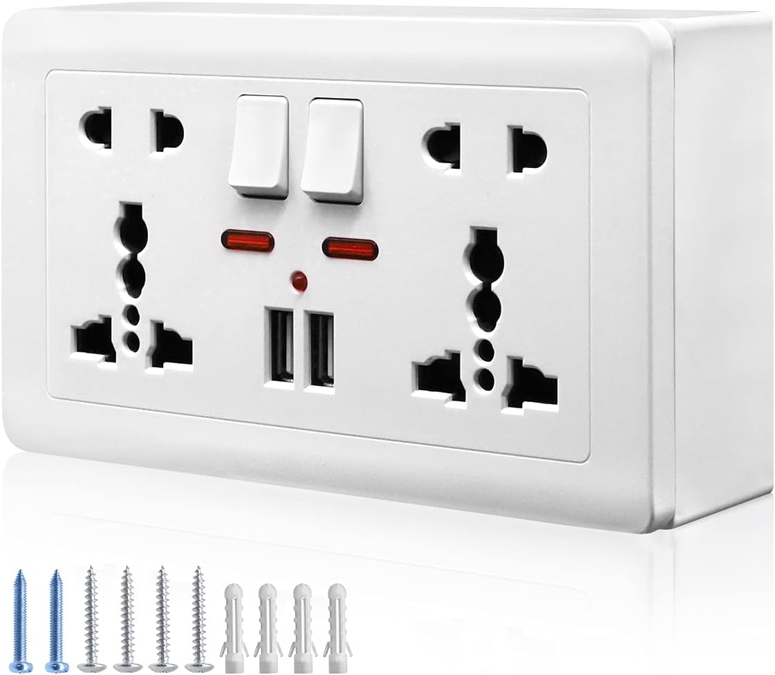 HASTHIP® 2.1A 2 USB Multi Plug Socket Switch-Control Wall Socket with Installation Box 13A-250V Charger Power Panel Receptacle 5 Outlet Switch (multi)