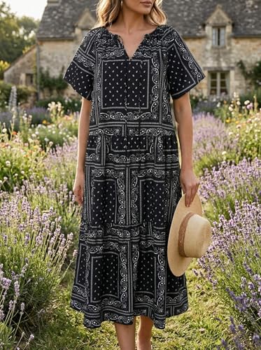 Yousify Womens 2026 Summer Maxi Dresses Short Sleeve Boho Beach Shirt Dresses Loose Vacation Outfits Sundresses Black — view 4