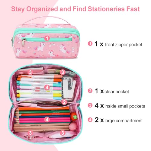 Image of Large Pencil Case for Girls, Aesthetic Kids Pencil Pouch for School, Wide Opening Organizer Box with Handle, Fits 50 Pens & Markers (Pink Cute Unicorn)