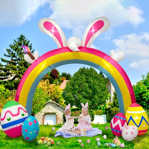TOROKOM 10FT Easter Inflatable Bunny Colorful Eggs Rainbow Archway Decorations with Build-in LEDs, Blow Up Yard Decoration Easter Inflatables for Party Indoor, Outdoor, Lawn, Garden Decor