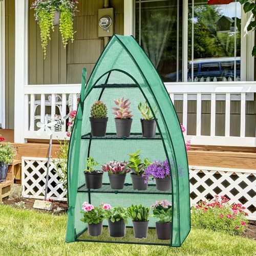 Image of EAGLE PEAK 4-Tier Mini Greenhouse Portable Green House with Shelves & Weather-Resistant PE Cover, Small Greenhouse for Seedlings & Gardening Gifts, 35x18x63 in, Clear /Green