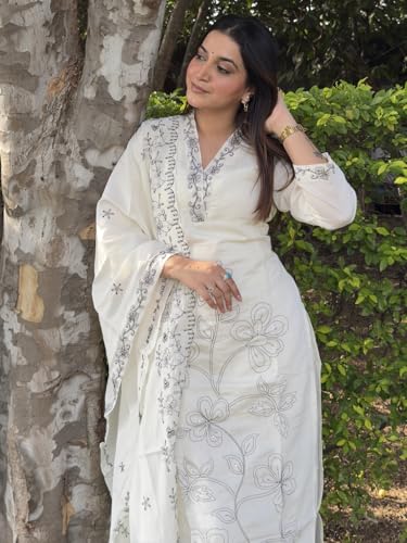 Image of VredeVogel Women's Silk Blend Embroidered Kurta Pant with Dupatta Set | Festive & Casual Summer Kurti with Pants for Party Office & Ethnic Occasions