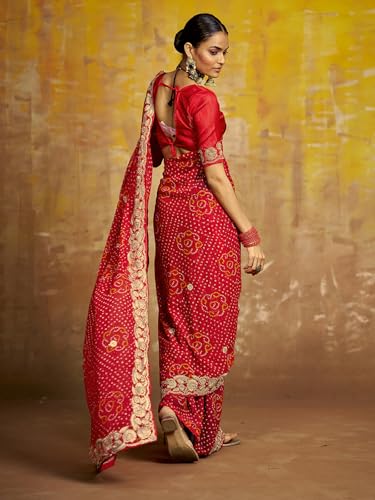 Image of Satrani Women'S Georgette Embroidery Bandhani Printed Saree With Unstitched Blouse Piece