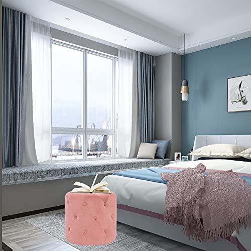 Adeco Tufted Round Ottoman - Upholstered Ottoman Footstool Foot Rest (Pink) #TOP6