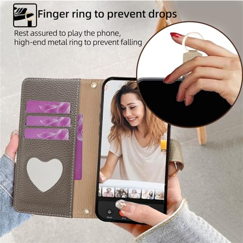 Housse en cuir PU souple iPhone 14 finition soignée grise avec rangement et bandoulière