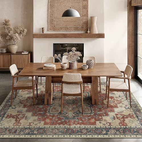 GENIMO 10x12 Area Rugs for Living Room, Machine Washable Non Slip Vintage Rugs, Low Pile Lightweight Chenille Print Rug for Bedroom, Dining Room, Home Office,Bordeaux