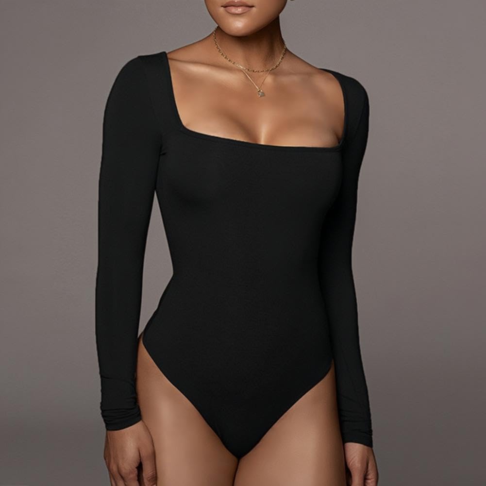 Body damskie z długim rękawem bodysuit z kwadratowym dekoltem seksowne body damskie z długim rękawem eleganckie eleganckie topy miękkie jednolity kolor casualowa rozciągliwa koszulka