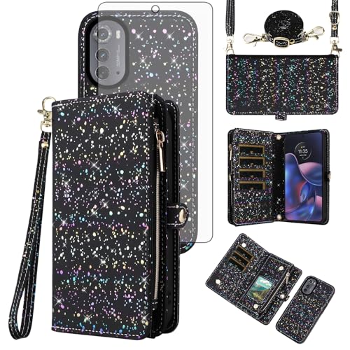 Étui Motorola Moto Edge 2022 Asuwish avec fermeture éclair et porte-cartes amovible à paillettes