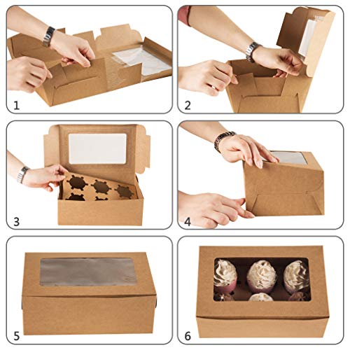 YunKo 15 Pack Bakery Cupcake Boxes with Inserts Bakery Boxes with Window Hold 6 Cupcakes for Party Birthday Guests(Brown)