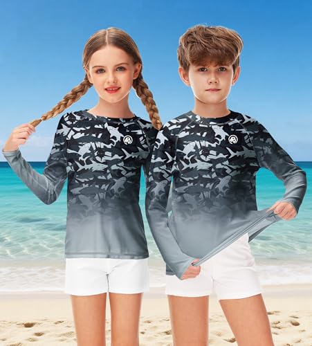 Image of AOBUTE Unisex Kids Rash Guard Long Sleeve SPF 50+ Sun Shirt UV Protection Swim Shirts 3-12 Years