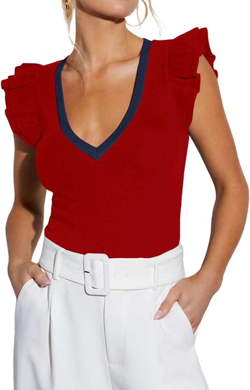 INFITTY Women's V Neck T Shirts Ruffle Sleeve Tops Dressy Sexy Sleeveless Slim Fitted Ribbed Tank Top Summer 2026