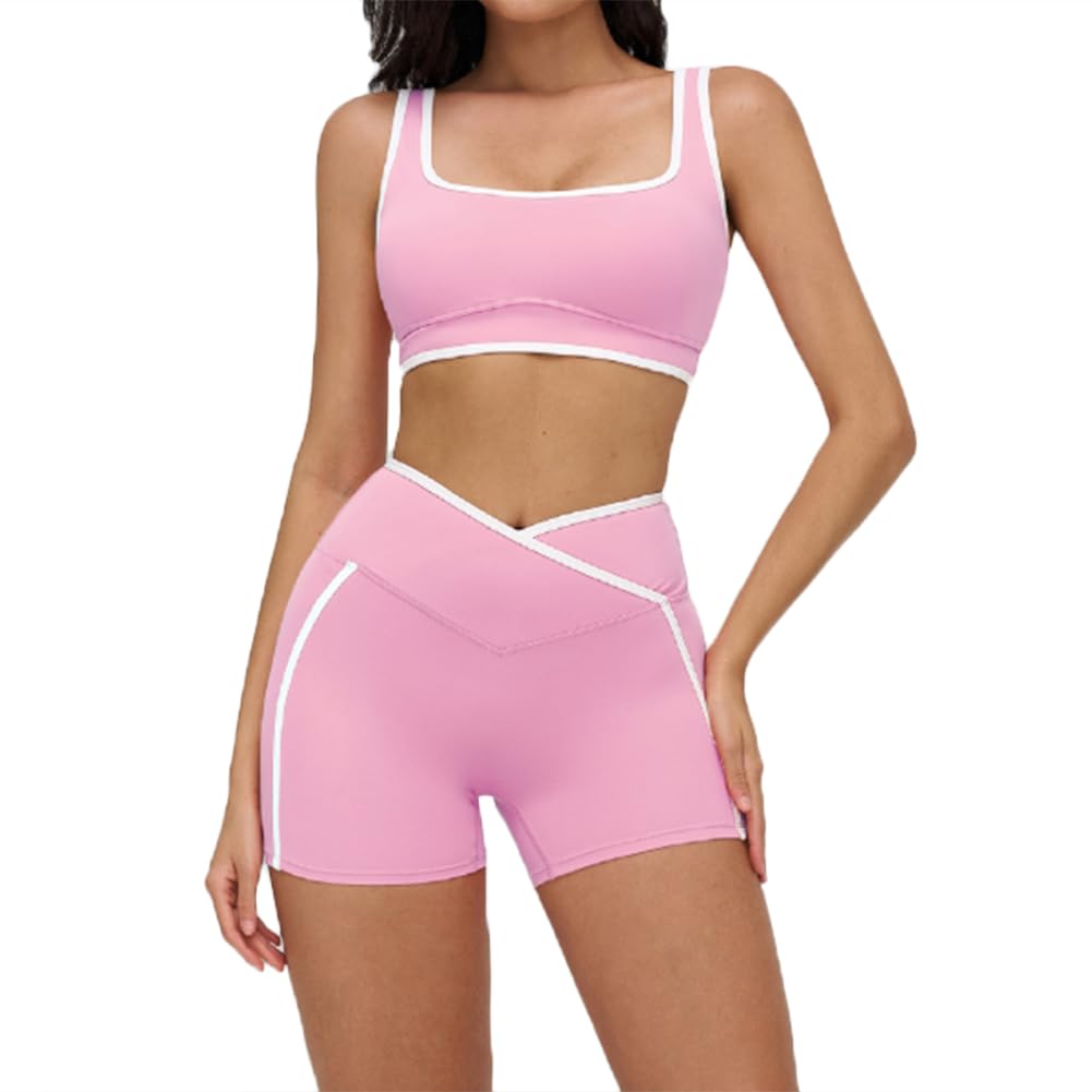 XYFfybhsd Women 2 Piece Contrast Color Quick Dry Yoga Set Beauty Sportswear Push Hip Shorts Pants Yoga Workout (Size:M,Color:Pink 1)