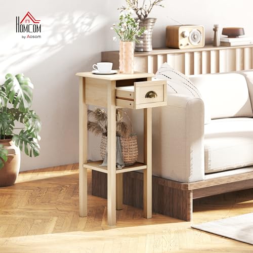 HOMCOM Mesa Auxiliar Rústica, Mesa Auxiliar para Sofá, con Cajón y Estante, Mesita de Noche para Salón, Dormitorio, 30x30x75 cm, Madera Natural - imagen 2