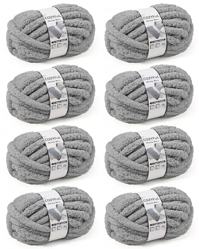 Image of Cozyful Chunky Yarn for Hand Knitting, #9 Thick Jumbo Big Chunky Yarn for Crocheting, Super Chunky Knit Blanket Yarns, Large Chunky Chenille Yarns, 8 Pack (30 yds 8 oz Each Skein), Light Grey
