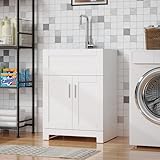 Goodyo Utility Sink with Cabinet 24 Inch Laundry Room Sink Cabinet 304 Stainless Steel Sink and Faucet Combo White
