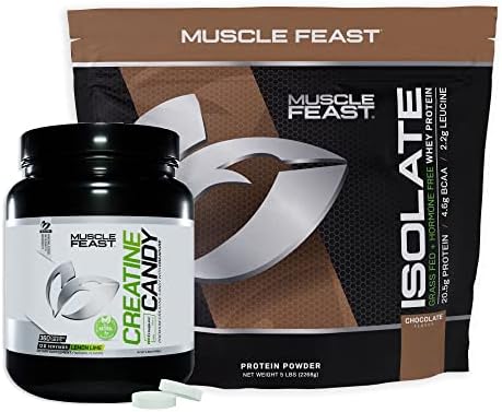 Muscle Feast Isolate + Creatine Candy Bundle: 1 Whey Protein Isolate (Chocolate, 5lb) + 1 Creatine Candy (Lemon Lime, 360) | Premium Supplements, Vegetarian, Gluten Free
