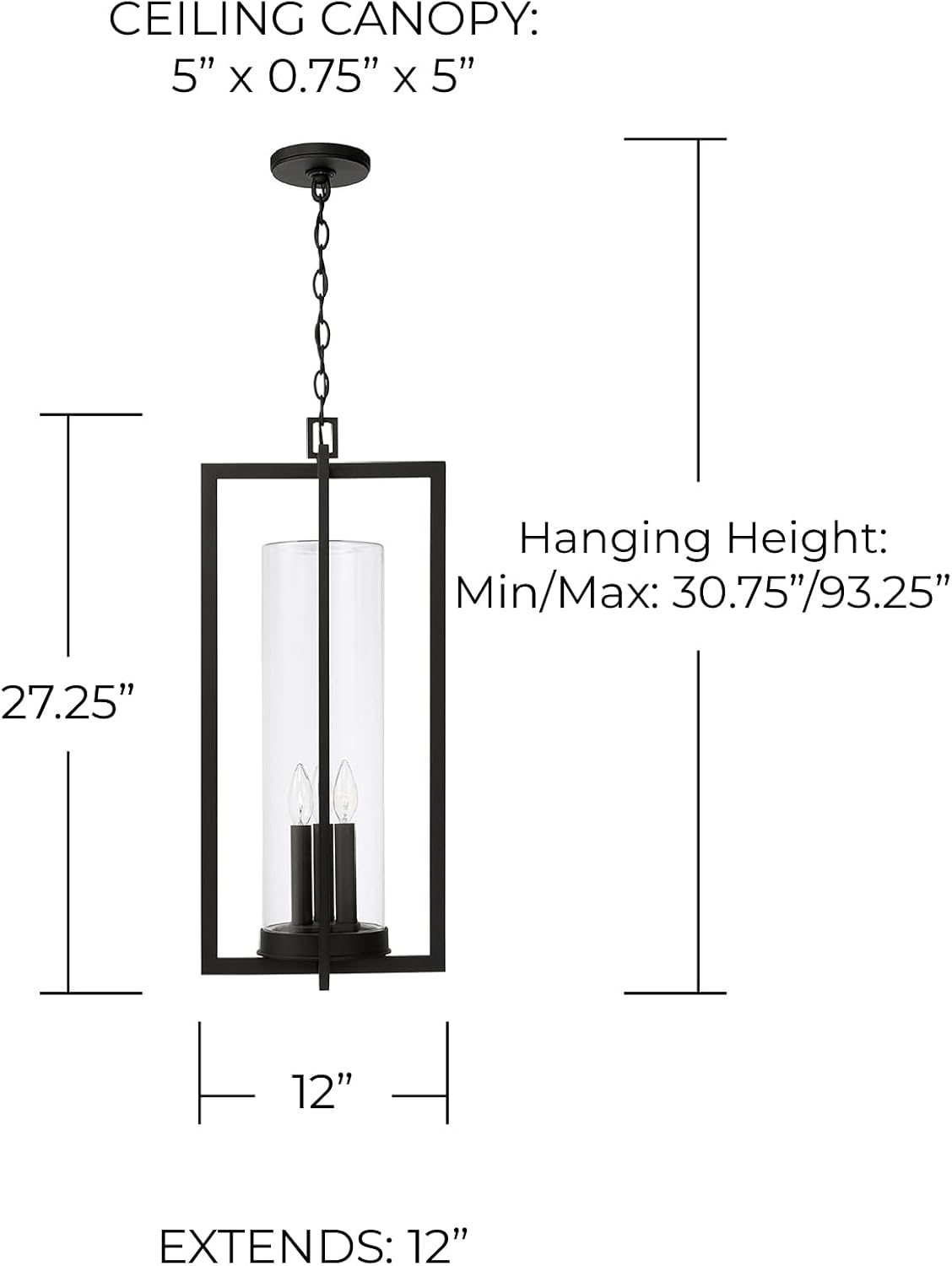 Capital Lighting 948232BK Kent Modern Vertical Line Clear Glass Cylinder Outdoor Hanging Lantern, 3-Light 180 Total Watts, 27" H x 12" W, Black