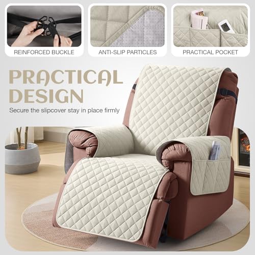 Image of KinCam 100% Waterproof Recliner Chair Cover, Reclining Couch Covers for Pets, Dogs, Recliner Couch Slipcover Furniture Protector with Elastic Straps for Kids(23.6 inch, Ivory)