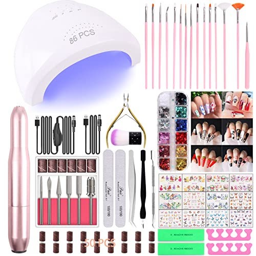 86PCS Acrylic Nail Kit with Everything, Electric Nail Drill Machine Professional, 48W UV LED Nail Lamp Gel Dryer Lamp, Nail Supplies Art Brushes Decoration Nail Efile Tool Set for Acrylic Gel Nails