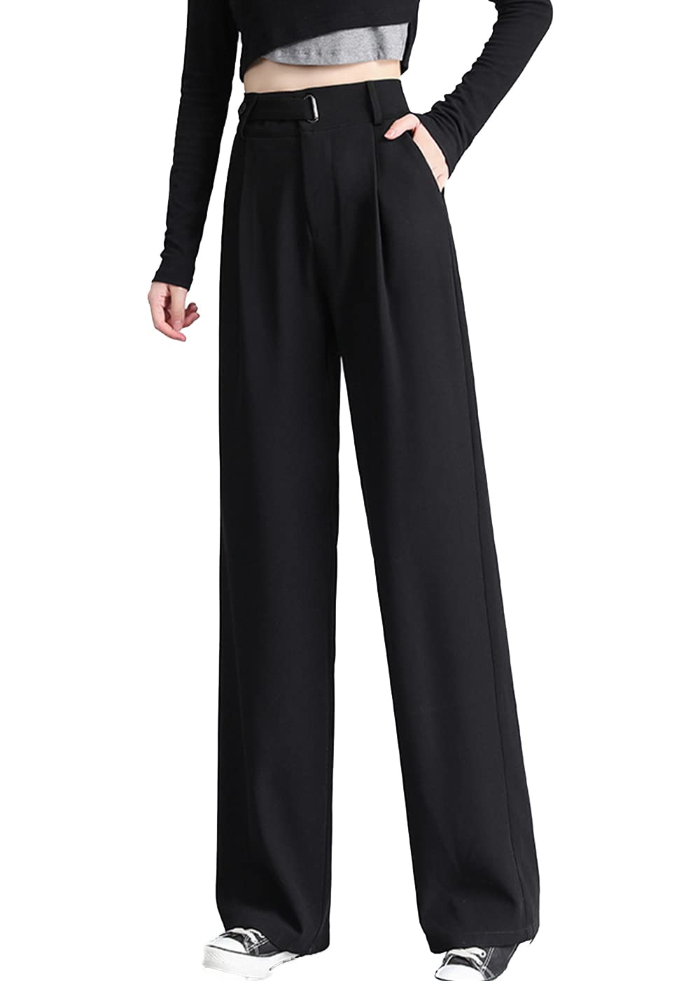 Cocoinsity Women Suit Pants Casual High Waist Solid Button Down Loose Straight Trousers