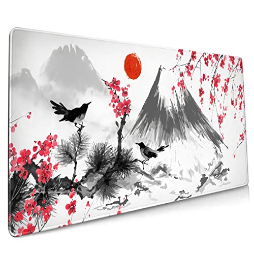 Sweetshow Japanese Mouse Pad 35.4 X 15.7 Inch XXL Art Watercolor Cherry Blossom Birds Pink Full Desk Mousepad Extended Large Non-Slip Rubber Base Keyboard Mat with Stitched Edges for Gaming Office
