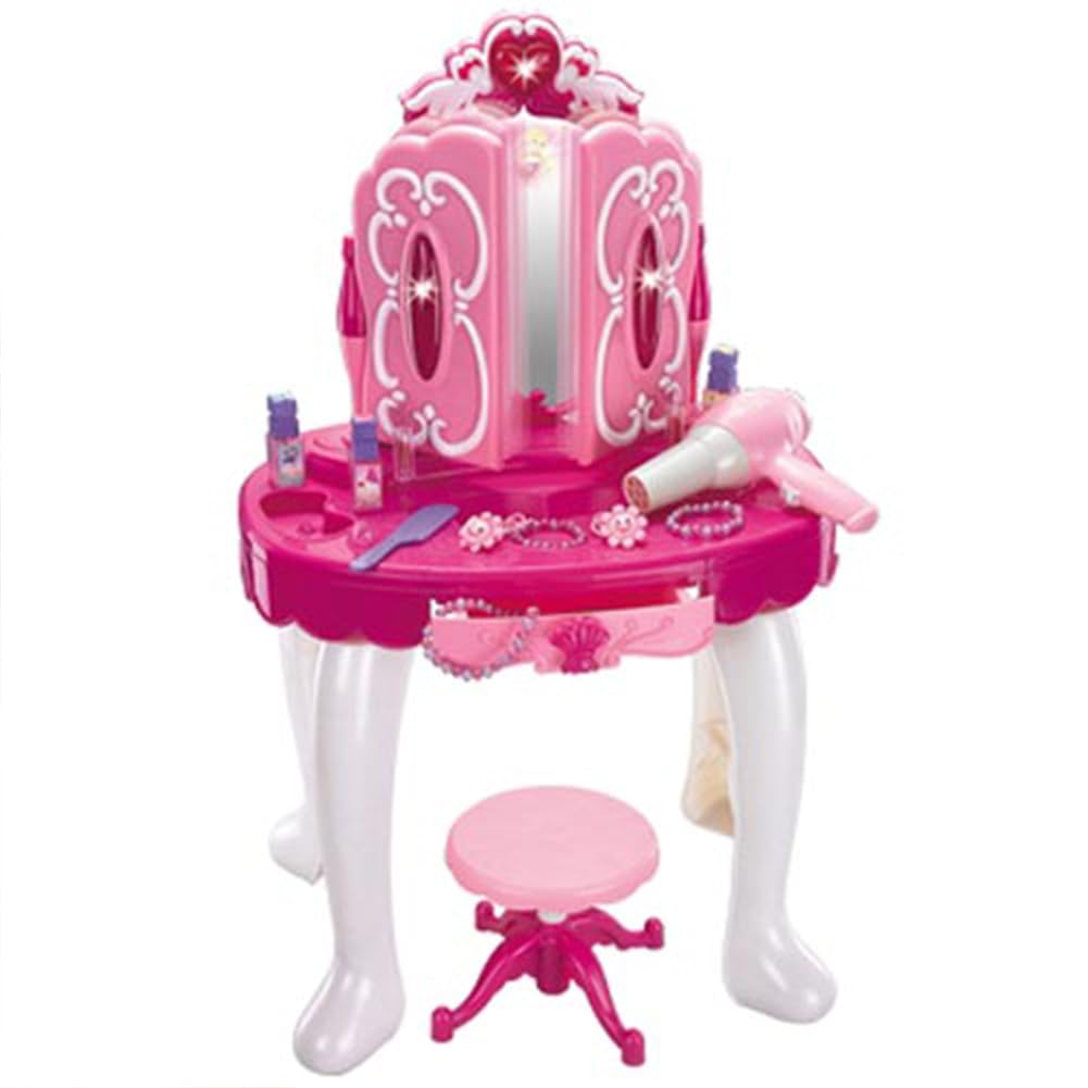 BAKAJI Specchiera Make-Up per Bambini, Toeletta Giocattolo con Sgabello, Ballerina con Luci e Suoni, Asciugacapelli funzionante a Batteria e Tanti Accessori Playset Gioco Immaginazione 45 x 32 x 72 cm