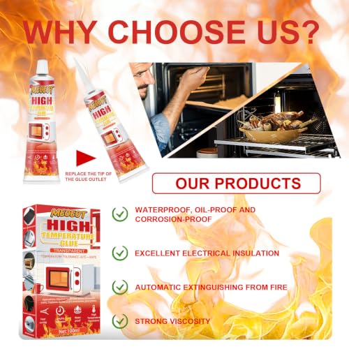 Meoeot 100ml Hochtemperaturkleber, Transparenter Hochtemperatur Klebstoff, Hitzebeständiger Kleber, Hitzebeständig über 350°C, Ideal für Haushalt, Backöfen Glas, Elektroherde, Herdplatten, Kamine