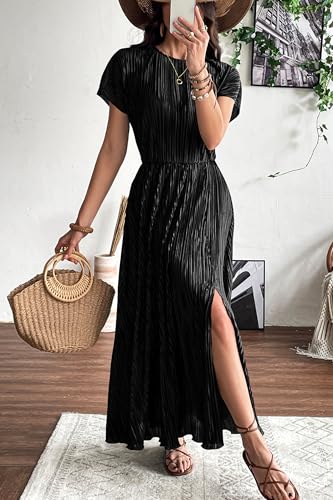 Image of CCTOO Womens Summer Maxi Dresses: Casual Short Sleeve Crewneck Slit Sundress Ruffle Pleated Long Flowy Party Cocktail Dress