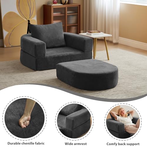 Folding Sofa Bed Chair, 2 in 1 Convertible Sofa to Lounger, High Density Foam Single Floor Sleeper Chair for Living Room, Apartment, Dorm, Small Spaces, Chenille Fabric and Wide Armrest, Grey